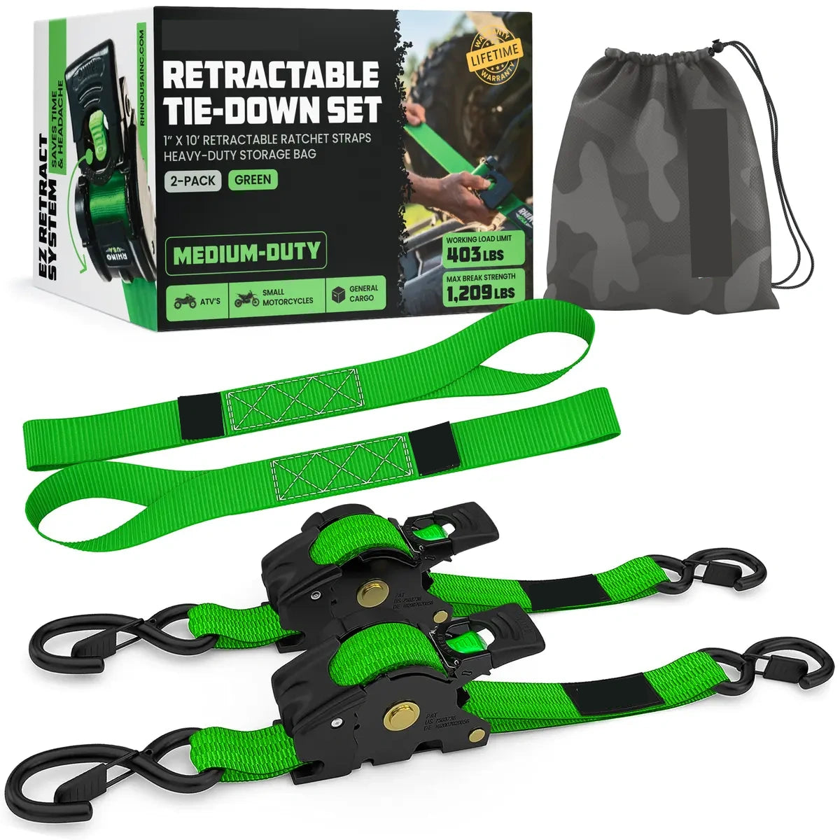 Retractable Ratchet Tie Down Straps 1" x 10', Self-Retracting Cargo Straps for Truck, Trailer & Moving