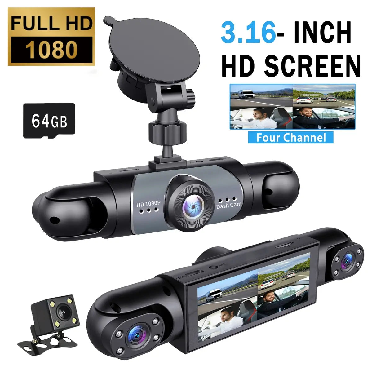 4 Channel 1080P Dash Cam with 64GB, Front Rear Inside Left Right Recording, Night Vision, 24/7 Parking Mode Car DVR