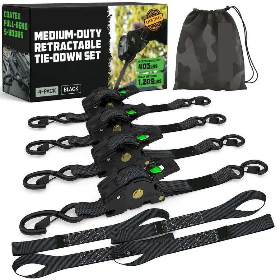 Retractable Ratchet Tie Down Straps 1" x 10', Self-Retracting Cargo Straps for Truck, Trailer & Moving