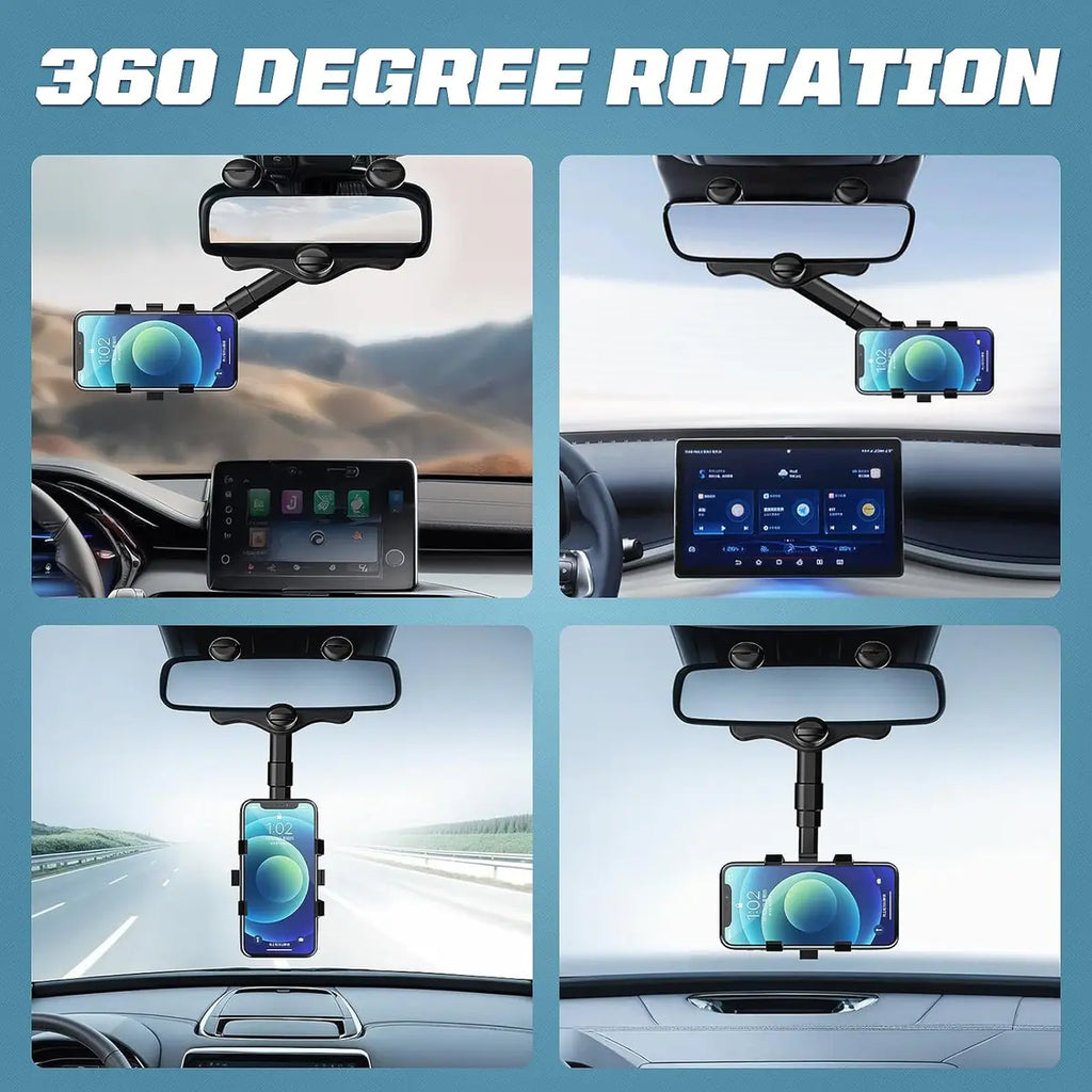 360° Car Phone Holder for Rearview Mirror, Rotatable & Retractable Navigation Mount, Universal Car Phone Stand