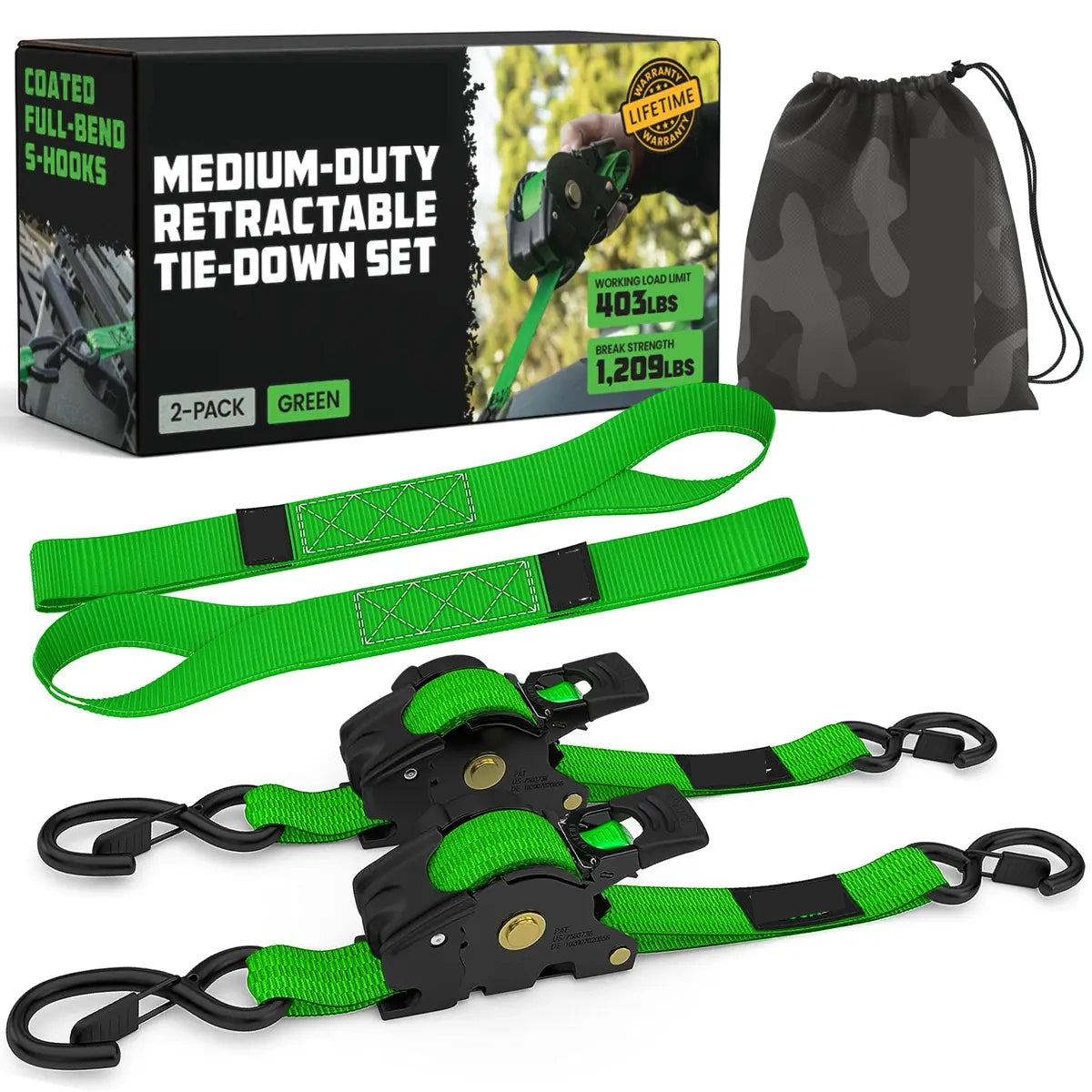 Retractable Ratchet Tie Down Straps 1" x 10', Self-Retracting Cargo Straps for Truck, Trailer & Moving