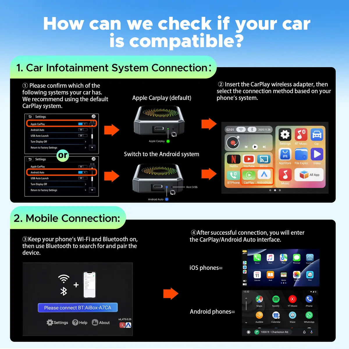 Wired to Wireless CarPlay Adapter with Video Streaming, Supports Netflix, YouTube & TikTok