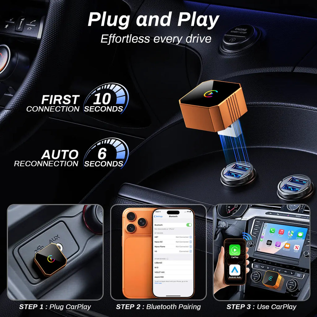 Wireless CarPlay Adapter for Cars 2017+, Plug and Play, Fast Auto Connect, Upgrade Wired to Wireless