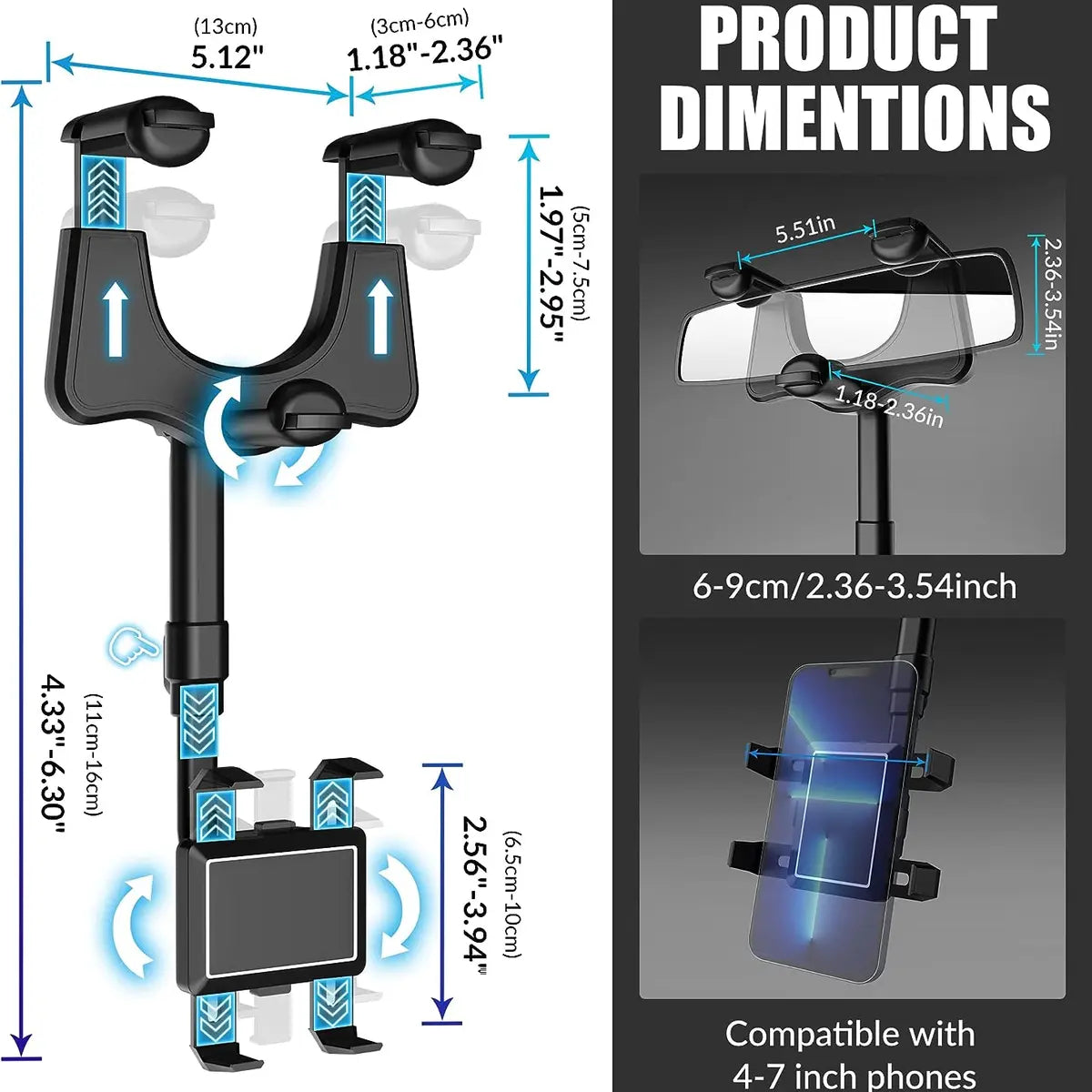 360° Car Phone Holder for Rearview Mirror, Rotatable & Retractable Navigation Mount, Universal Car Phone Stand