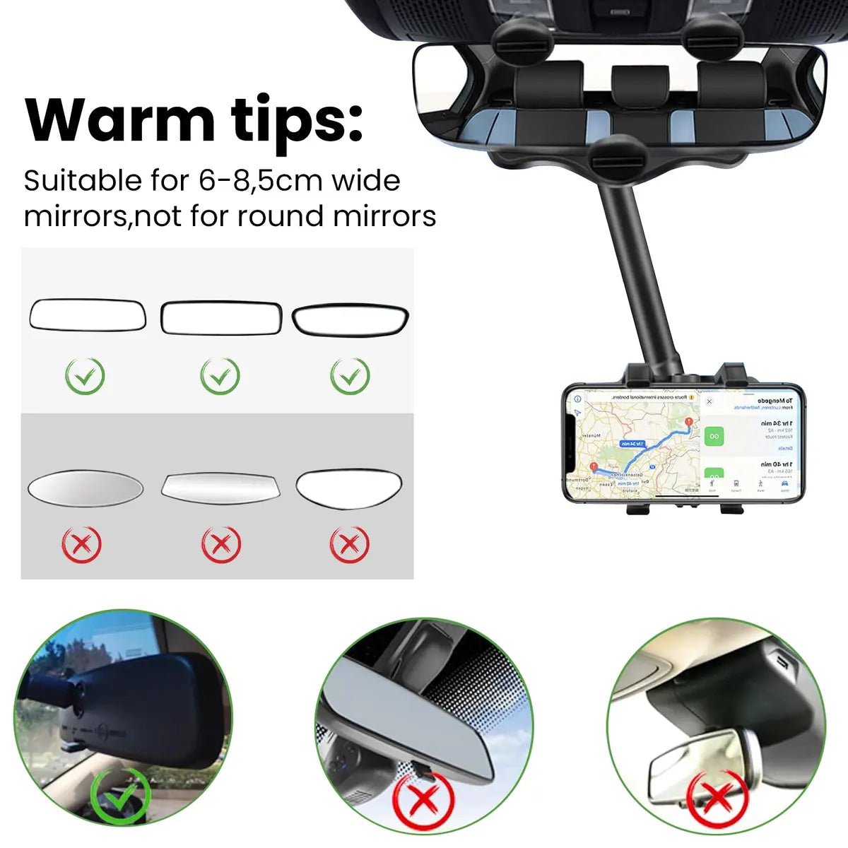 360° Car Phone Holder for Rearview Mirror, Rotatable & Retractable Navigation Mount, Universal Car Phone Stand