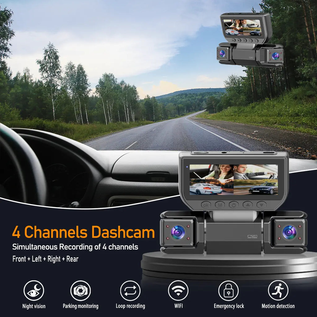 360 Degree 4 Channel Dash Cam Front Rear Inside Left Right with GPS WiFi Night Vision and Parking Mode