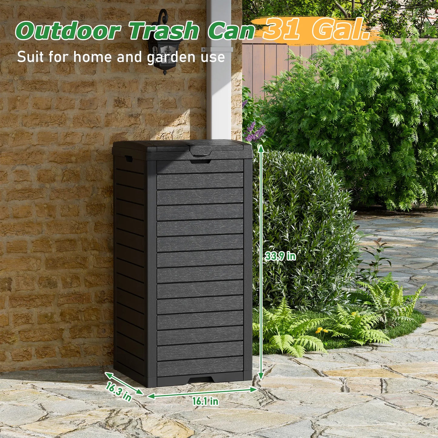 31/62-Gallon Outdoor Trash Can, A ConcealedTrash Can with A Lid and Drip Tray, Made ofEasy-To-Clean Resin