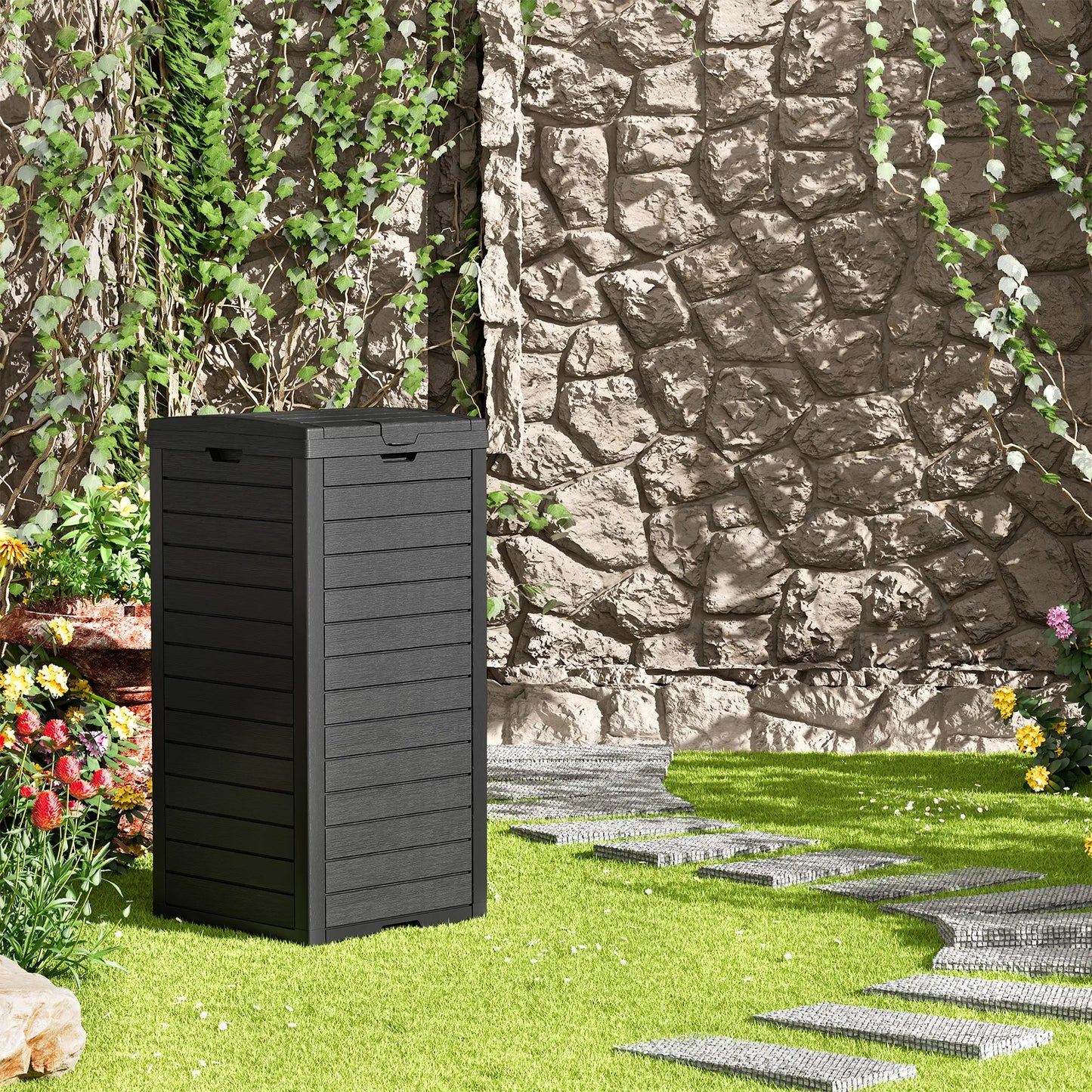 31/62-Gallon Outdoor Trash Can, A ConcealedTrash Can with A Lid and Drip Tray, Made ofEasy-To-Clean Resin