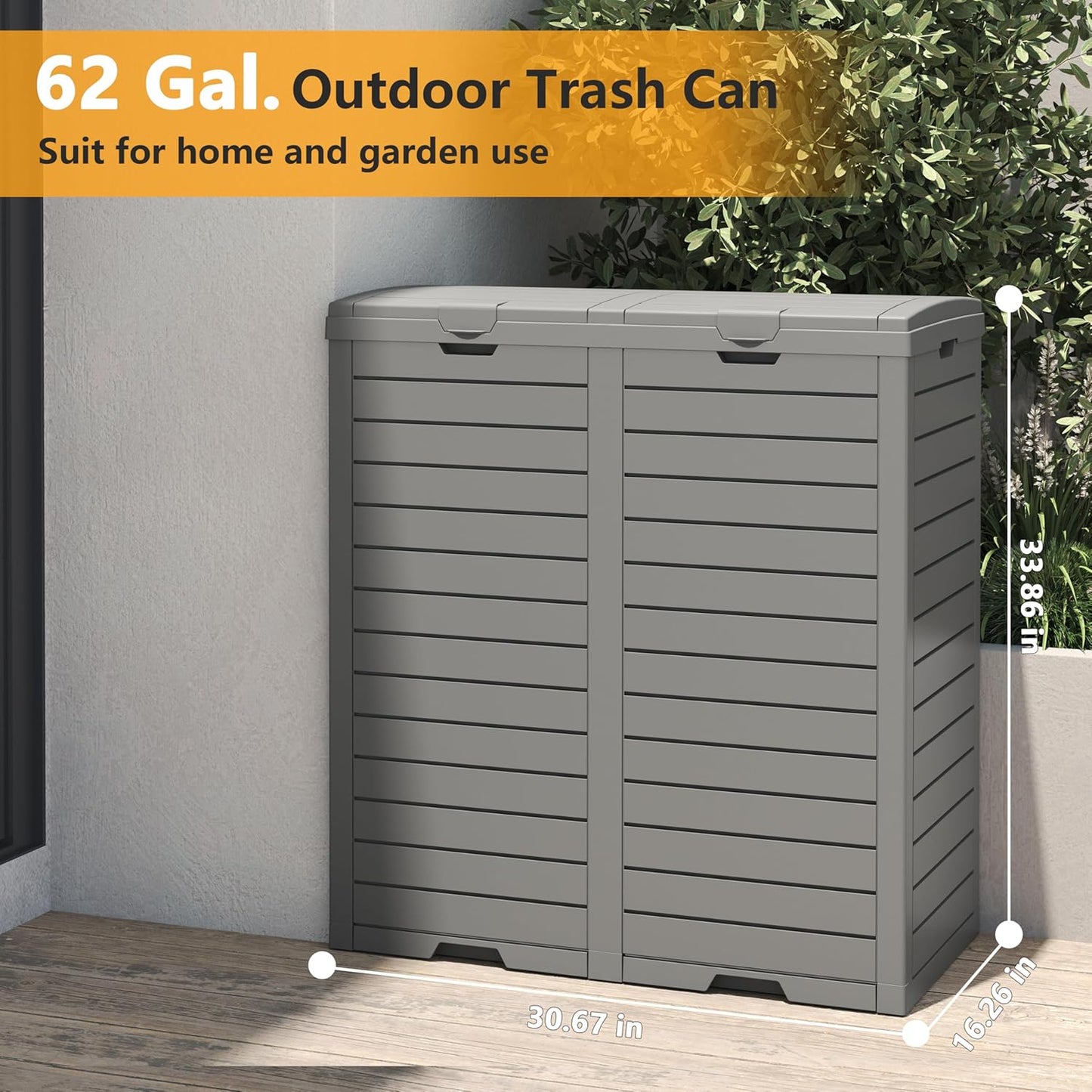 31/62-Gallon Outdoor Trash Can, A ConcealedTrash Can with A Lid and Drip Tray, Made ofEasy-To-Clean Resin