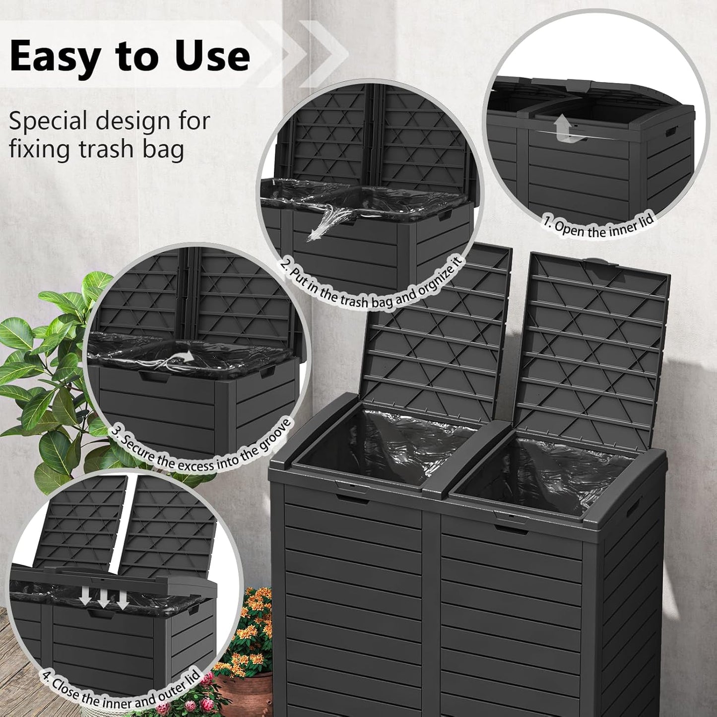 31/62-Gallon Outdoor Trash Can, A ConcealedTrash Can with A Lid and Drip Tray, Made ofEasy-To-Clean Resin