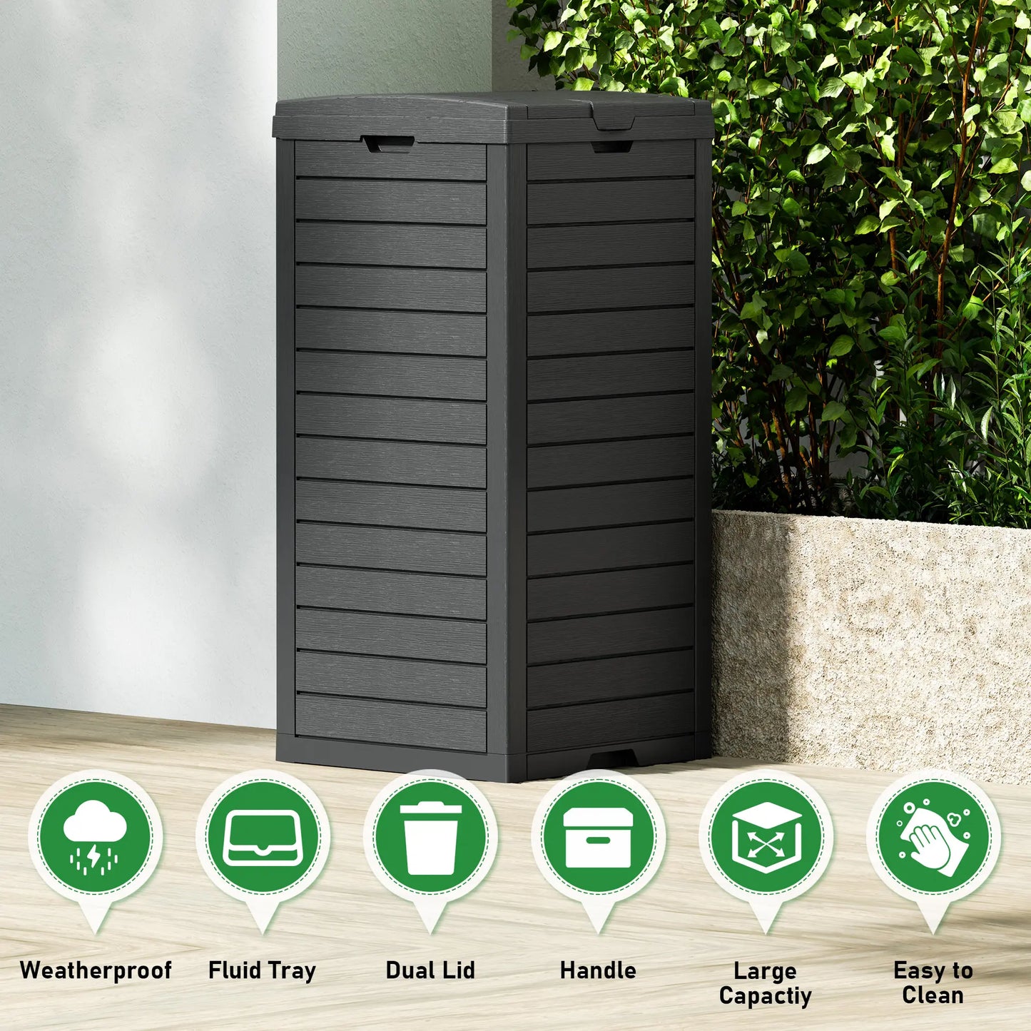 31/62-Gallon Outdoor Trash Can, A ConcealedTrash Can with A Lid and Drip Tray, Made ofEasy-To-Clean Resin