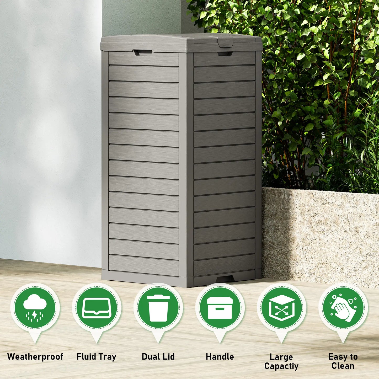 31/62-Gallon Outdoor Trash Can, A ConcealedTrash Can with A Lid and Drip Tray, Made ofEasy-To-Clean Resin